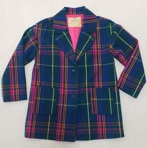 Vibrant Girls Plaid Coat with Pointed Collar Size L(14Y)